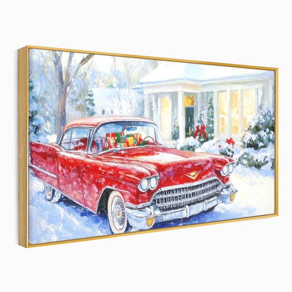 Tablou canvas cu tablou canvas cu masina vintage rosie iarna, in rama de aluminiu auriu